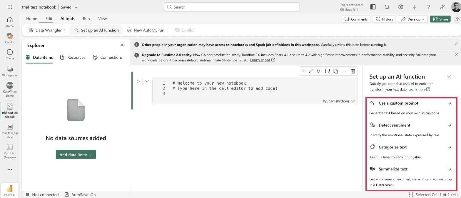 Fabric notebook AI tools pane offering custom prompt, detect sentiment, categorize text and summarize text, all highlighted