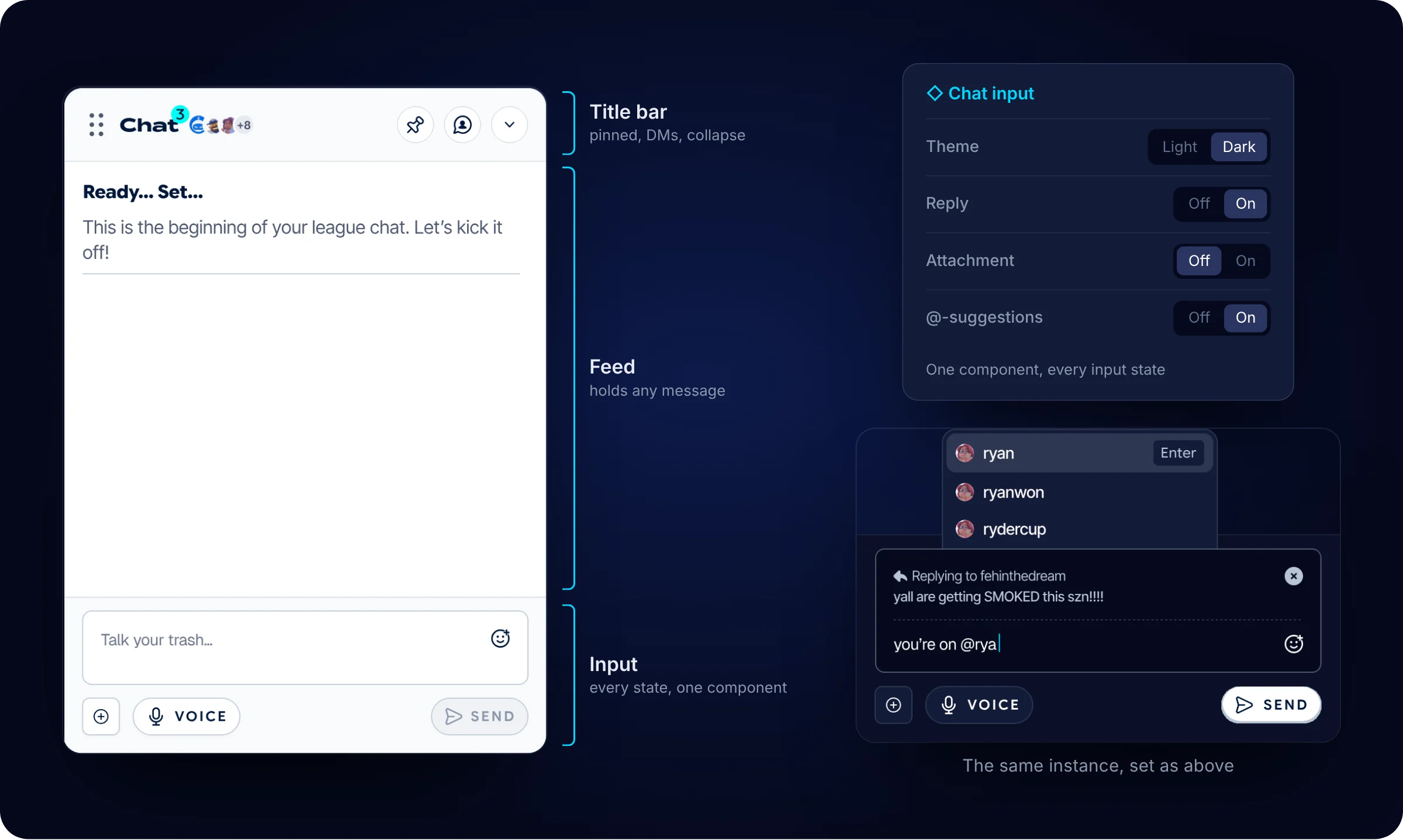 The chat broken into its title, feed and input components, next to the chat input's four properties and one instance set to dark, reply and @-suggestions