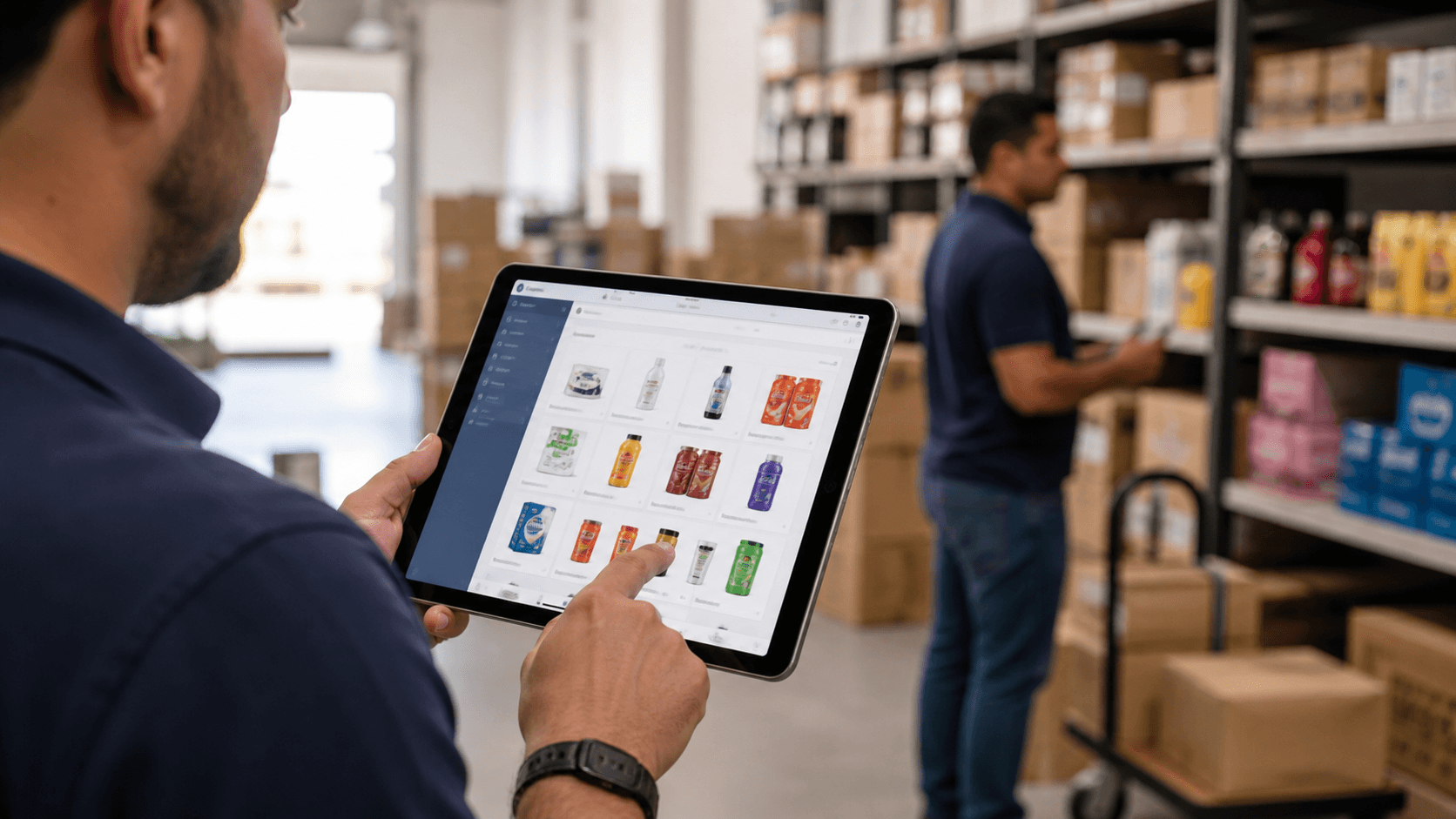 Homem em um armazém usando um tablet com interface de catálogo de produtos, enquanto outro trabalhador organiza caixas ao fundo, representando vendas B2B em campo com acesso a produtos e operação integrada.