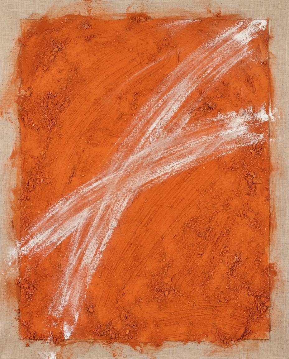 Laterite I by Ines Okafor: a field of bright laterite orange crossed by two chalk-white sweeps