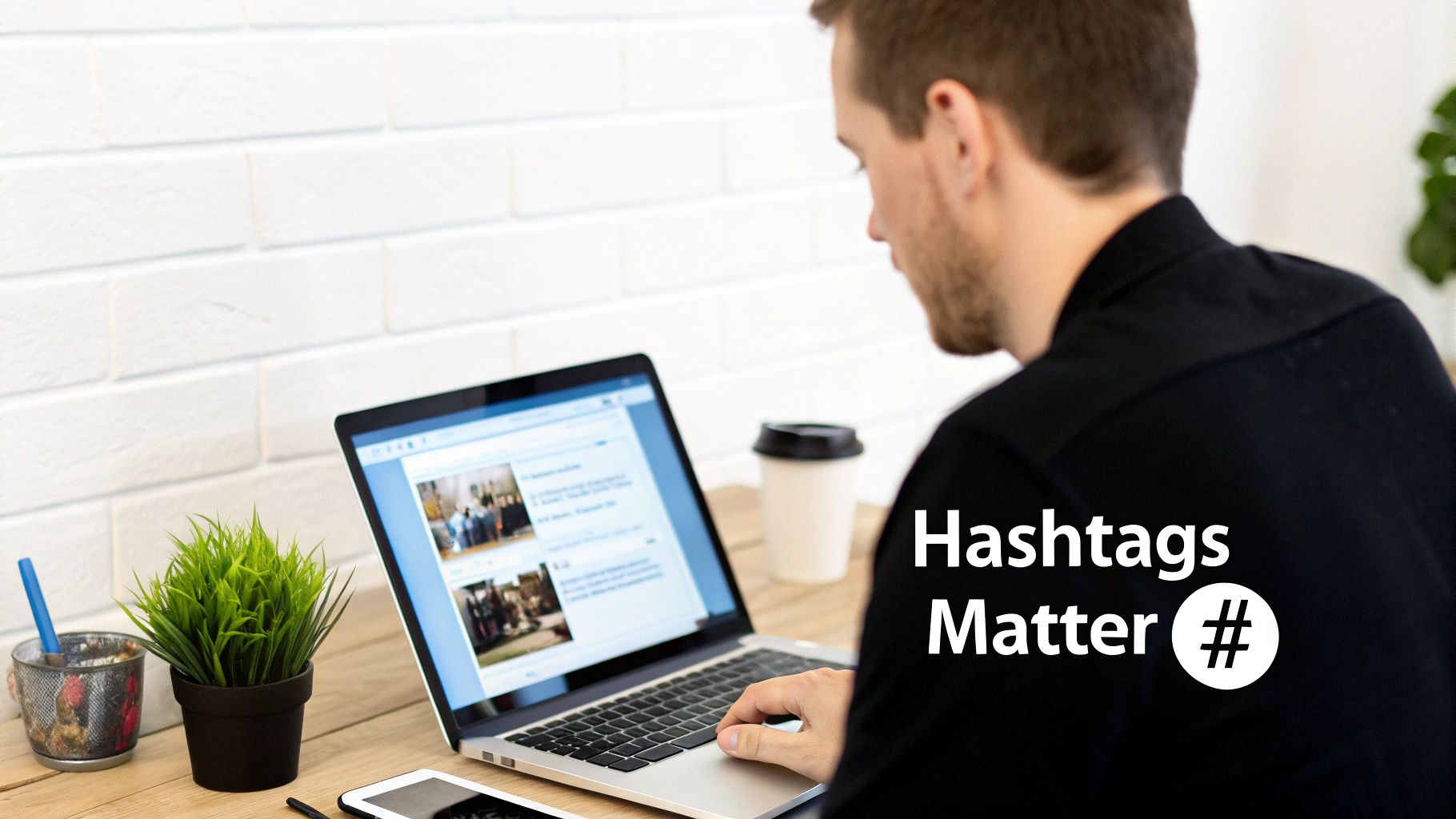 A man uses a laptop, viewing social media, with 'Hashtags Matter #' written on his black shirt.