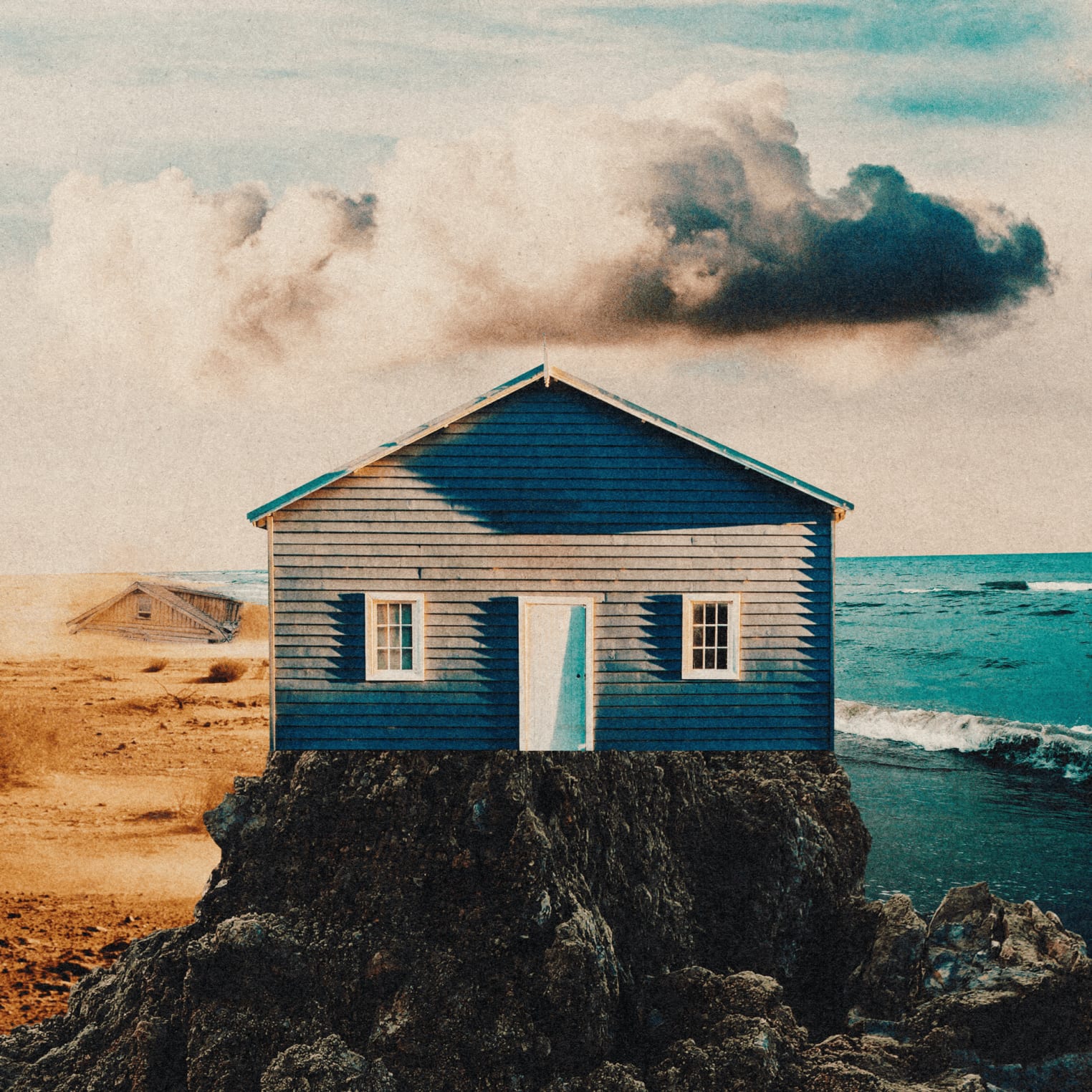 Album artwork for "Firm Foundation (He Won't)" by Cody Carnes: a blue wooden house on rocky ocean terrain, another house distant, large cloud overhead.