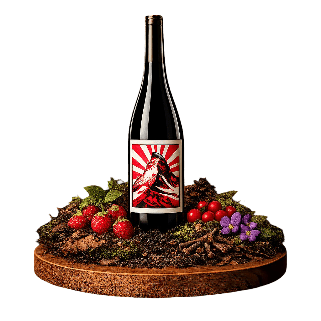 Artistic label and flavor profile for Swiss Pinot Noir on a rustic wooden table.