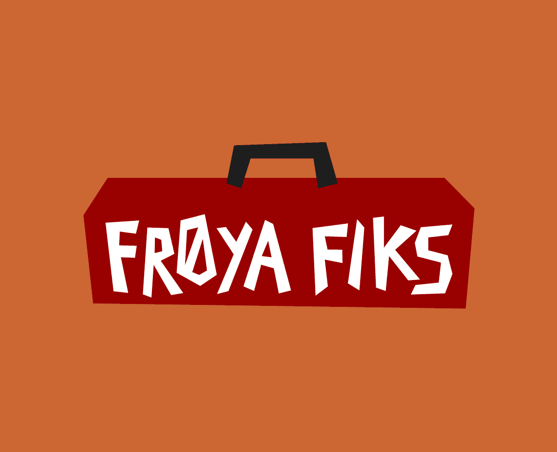 A cartoon character named Frøya, with blonde hair and a simplistic facial design, is wearing a red and white striped shirt and red suspenders against a teal background. Above her, bold blocky text reads, "I AM FROYA AND FIKS IS MY NICKNAME."