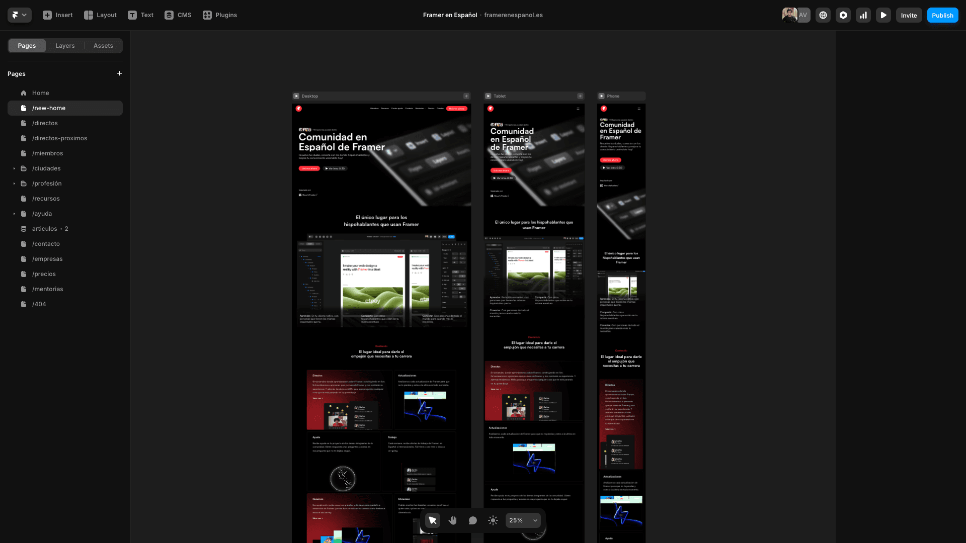 Captura de pantalla de un nuevo proyecto en Framer mostrando la interfaz principal y las herramientas de diseño disponibles