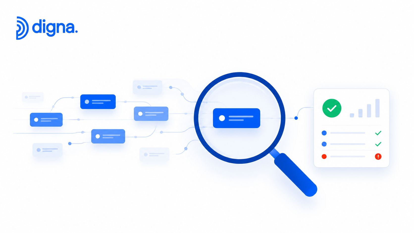 A digital illustration showing a magnifying glass analyzing data workflows and a completed status report dashboard.