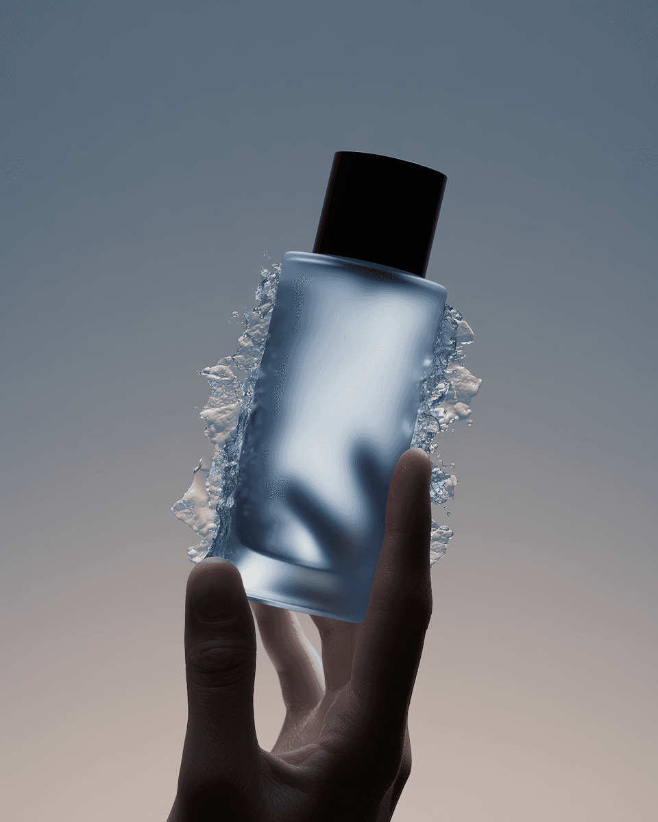 Minimal product shot of hands holding a small frosted bottle with a black cap, glowing softly against a dark background.