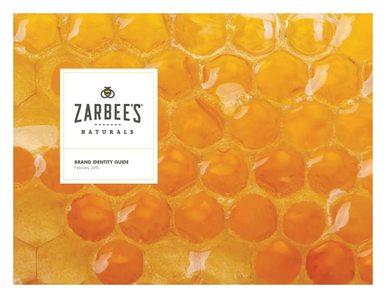Cover of the final Zarbee's Naturals Brand Identity Guide, February 2015 — the approved logo with Buzzy bee icon centered on a white card overlaying a close-up honeycomb photography background.