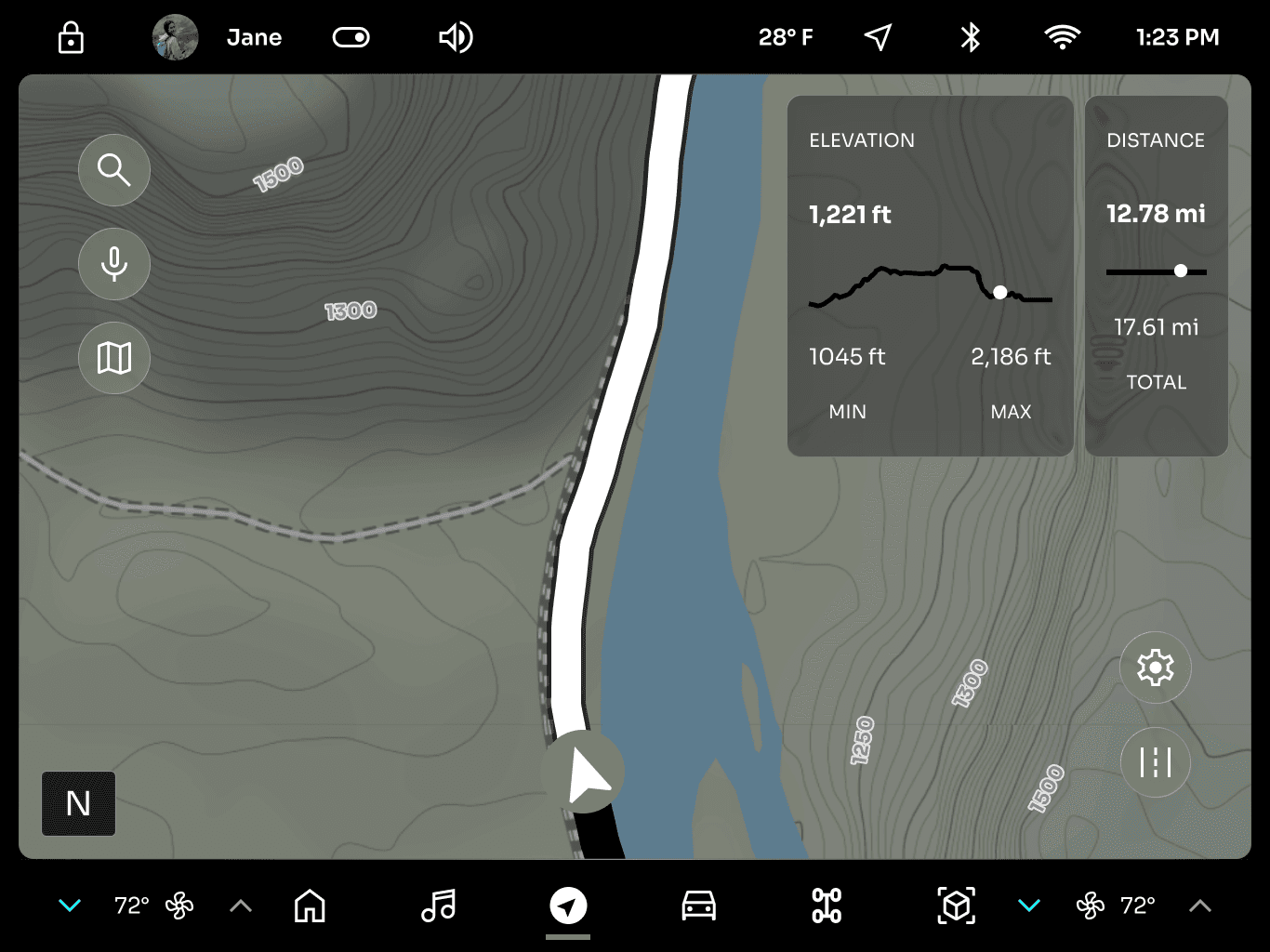 The off-road topographic trail map, with elevation and distance panels over contour lines.