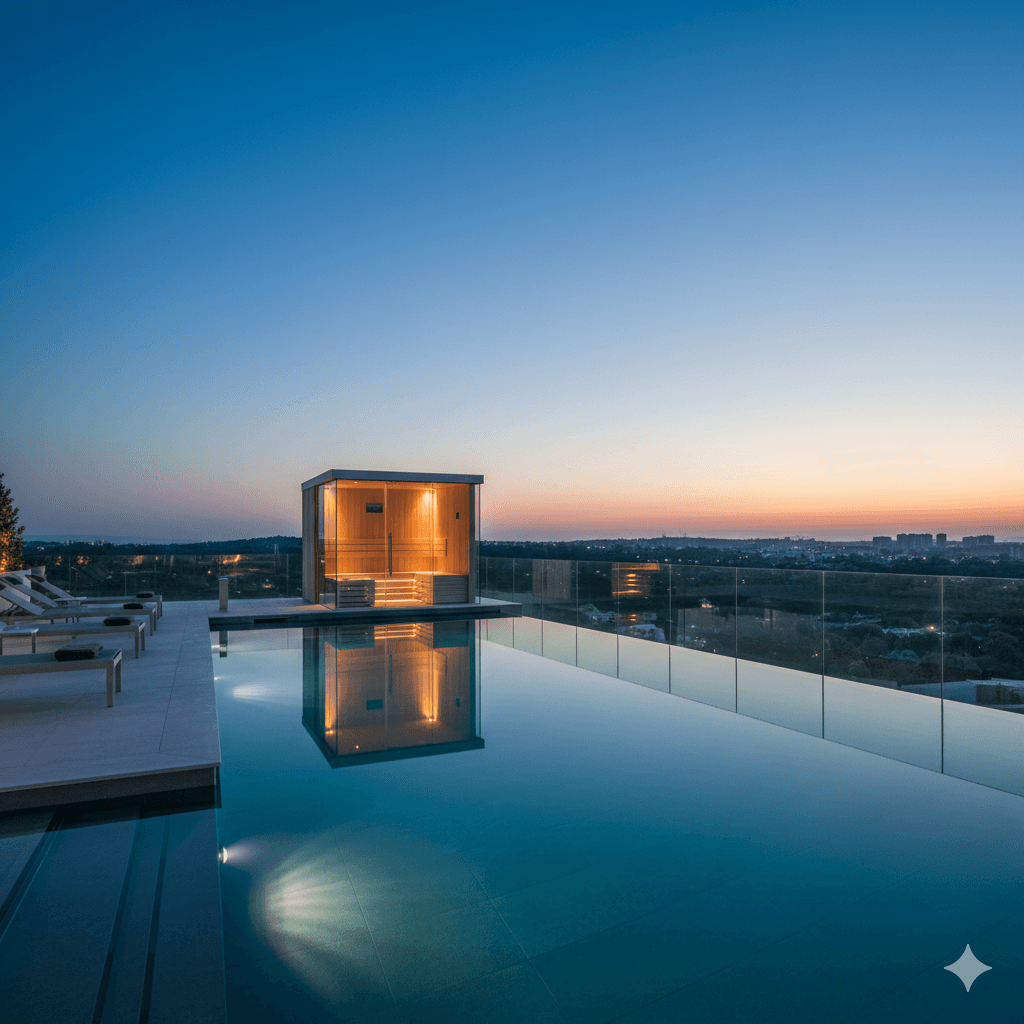 Resort-style scenic swimming pool area featuring a floating sauna, M3M bliss Gurugram