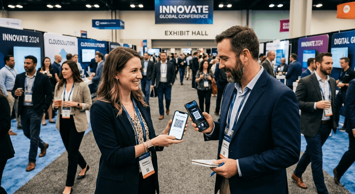 Mobile lead capture at a conference where professionals scan QR badges to capture and organize event leads.