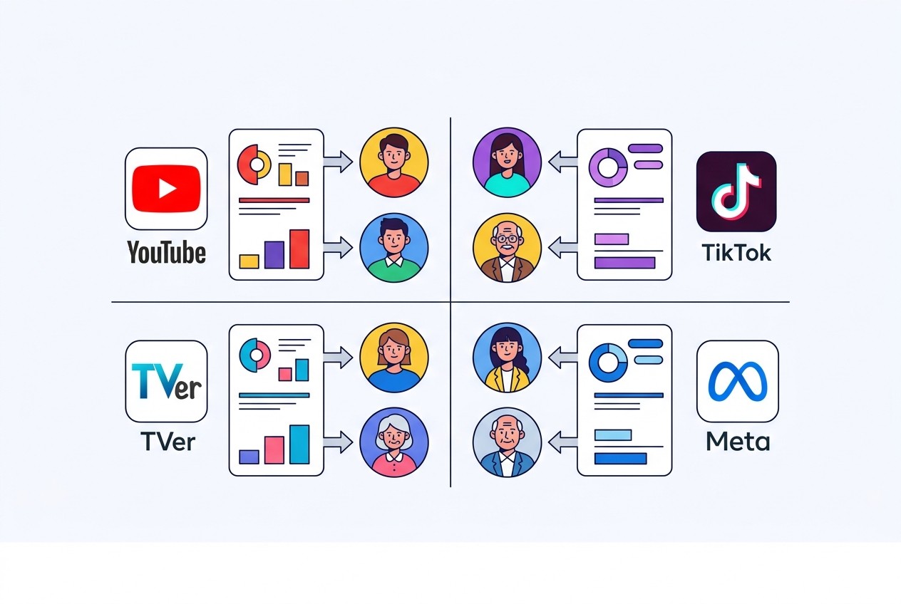 認知広告の主要プラットフォーム4つの特性比較。YouTubeは全年齢対応でリーチ最大化、TikTokは若年層特化、TVerは40代以上のテレビ視聴層、Metaは詳細ターゲティングが強み。予算と対象年齢で使い分ける。