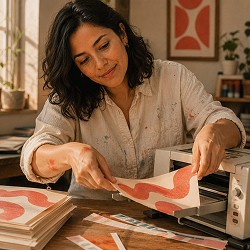 A woman in a paint-splattered shirt works joyfully with colorful abstract prints at a desk, surrounded by art supplies and sunlit plants.
