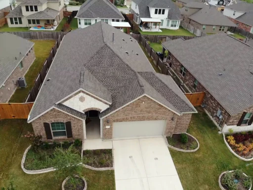 Aerial view of the architectural shingle roof in Pflugerville, Texas, completed in 2020