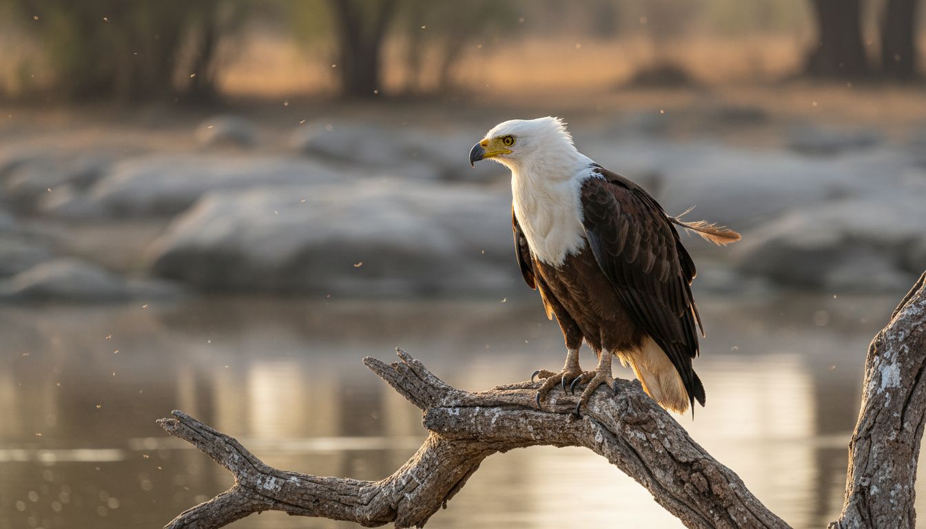 Un aigle pêcheur d’Afrique observe attentivement les alentours, perché sur une branche au-dessus de la rivière.