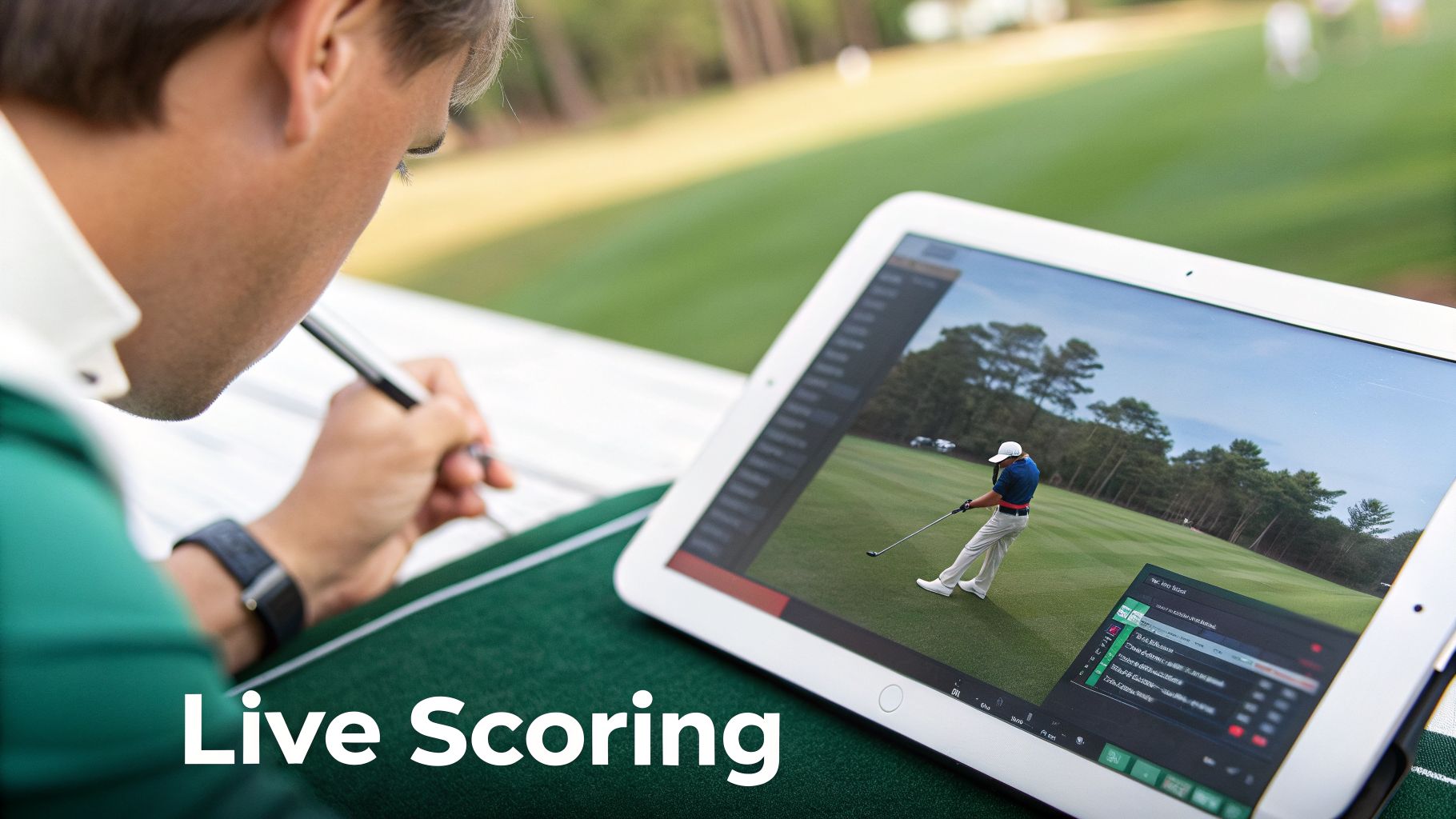 A man tracks golf scores on paper while watching a live golf game on a tablet.
