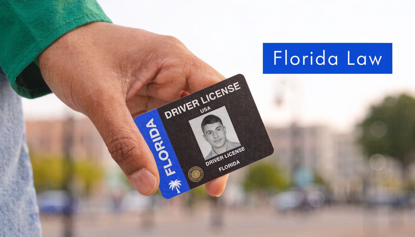 A hand holding a Florida driver license card against a blurred outdoor background.