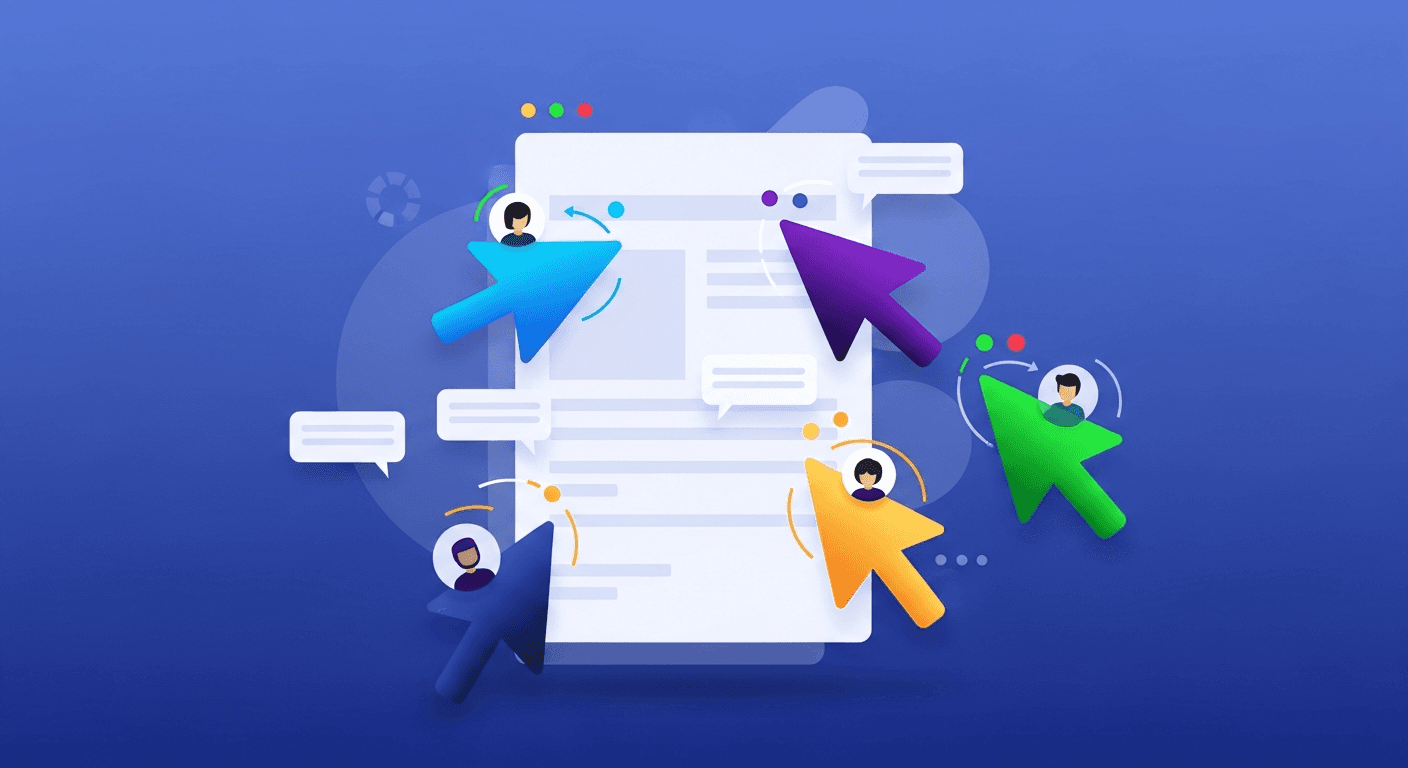 A modern, clean illustration showing multiple people collaborating in real-time on a digital document. Show floating cursors of different colors, user avatars, comment bubbles, and presence indicators around a central editing interface. Use a tech-forward color palette with blues, purples, and greens. The style should be flat design with subtle gradients, representing the concept of multiplayer editing and synchronization without any text or letters visible.