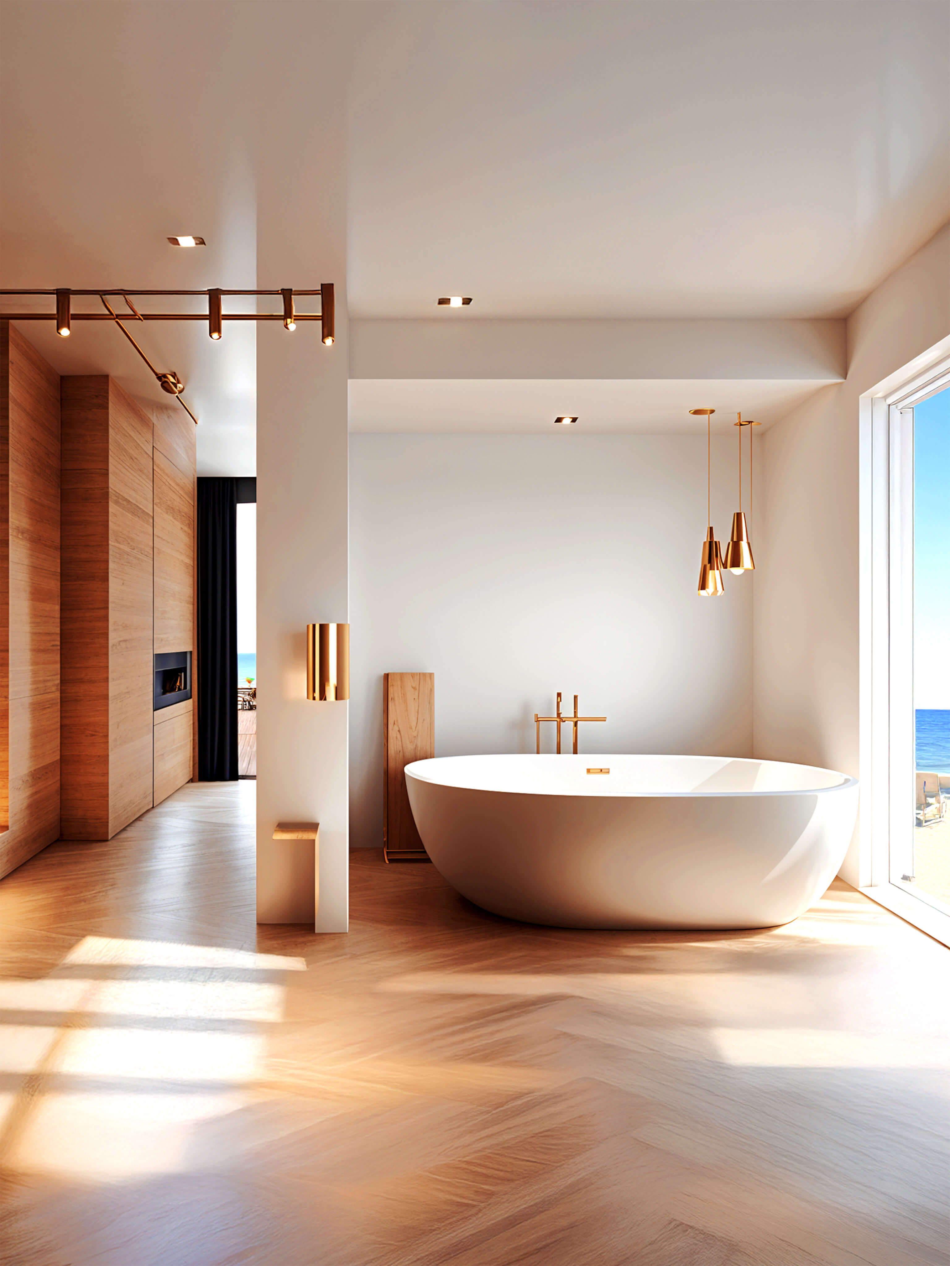 Bright coastal bathroom with freestanding soaking tub, brass fixtures, wood flooring, and ocean view creating a luxury condo spa feel.