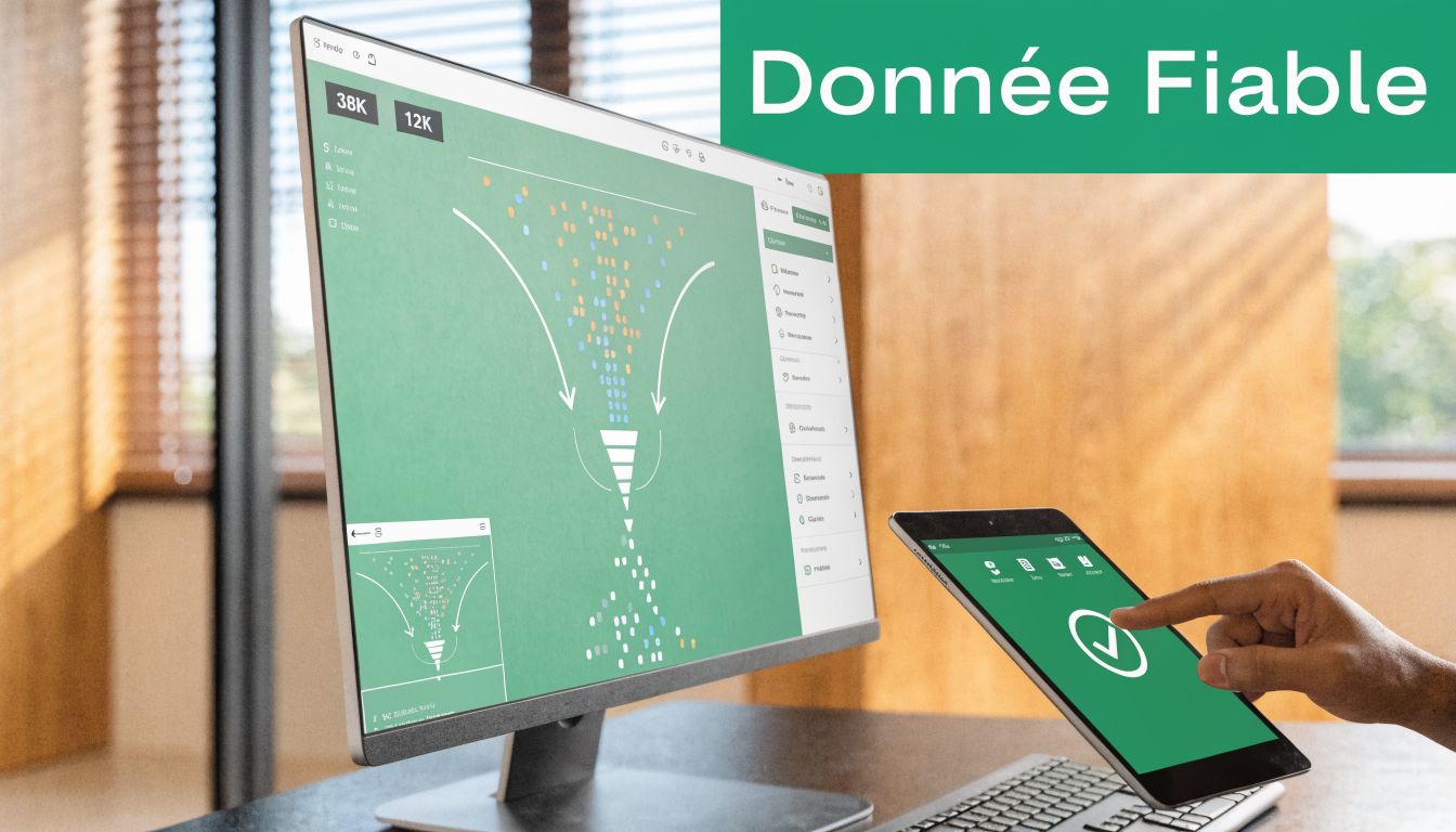 Écran d'ordinateur montrant un entonnoir de conversion de données avec une tablette tactile en premier plan.