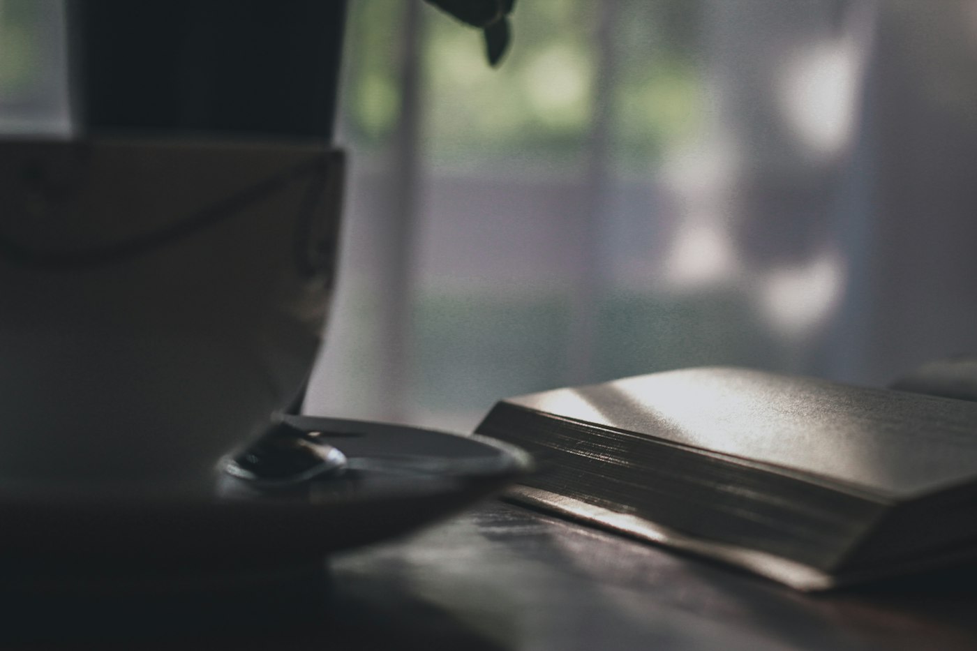 An open book and a cup by a window in soft dim light