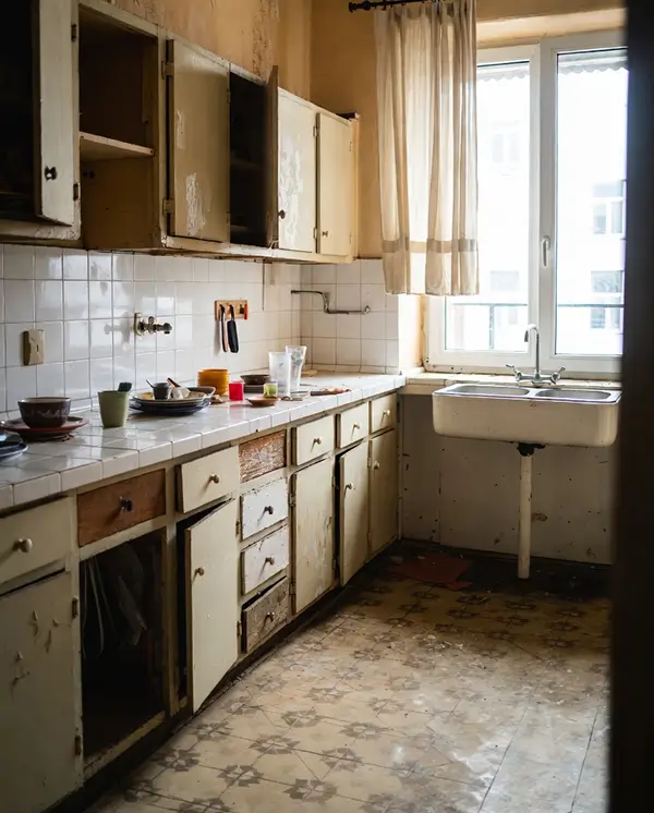 Κουζίνα πριν την ανακαίνιση με παλιά φθαρμένα ντουλάπια, ξεπερασμένο πάγκο και εμφανή σημάδια χρήσης σε κατοικία