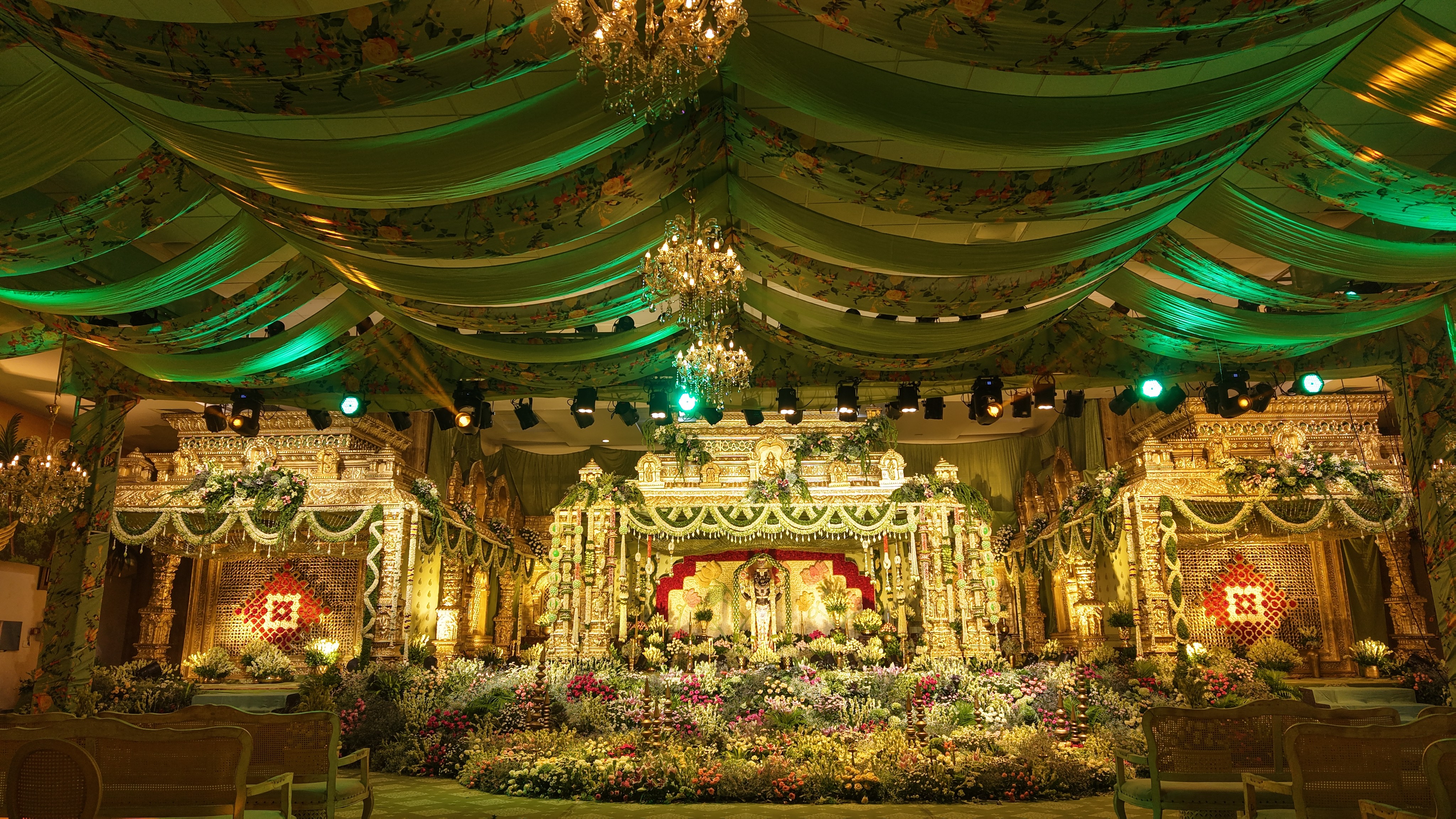Wedding stage and mandap decor with floral and lighting arrangements, styled and captured by Wow Makers in Hyderabad, India