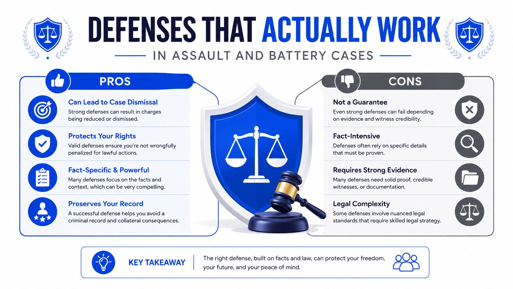 An infographic titled Defenses That Actually Work in Assault and Battery Cases, listing pros and cons.