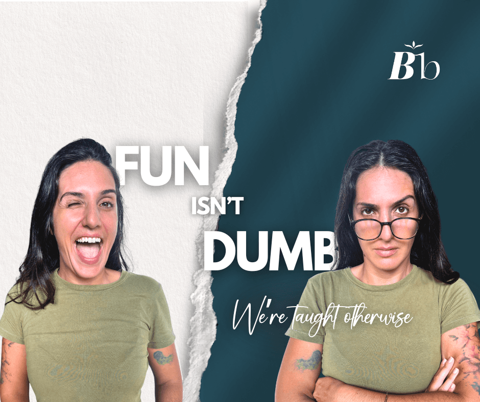 Two facets of the same woman are being shown through a split frame with 2 pictures of her. One is light and bright, winking at the camera and smiling. The other is very formal and serious, crossing her arms, raising one eyebrow and wearing glasses