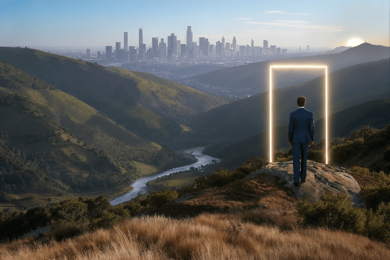 Person steht auf einem Berg und blickt auf ein leuchtendes Portal mit Stadt im Hintergrund.