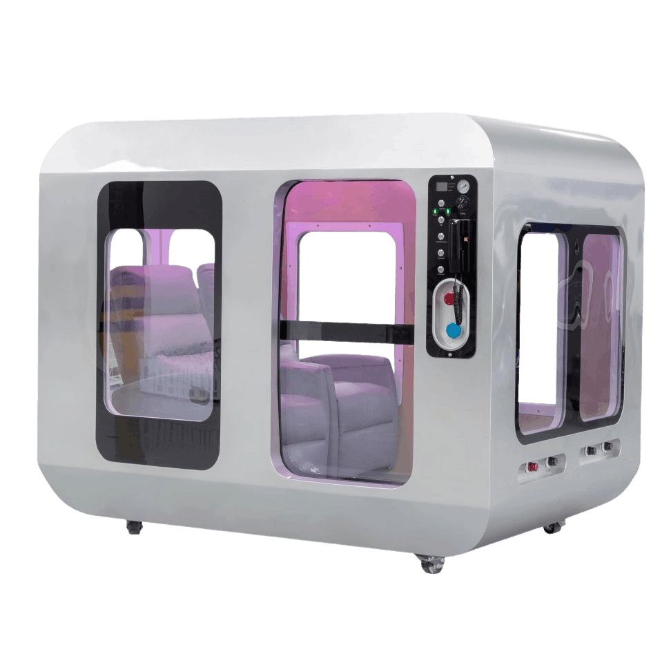 Hyperbaric oxygen therapy chamber for wellness and recovery Hyperbaric oxygen chamber with control panel and transparent door. Model S80-15 from X4Oxygen