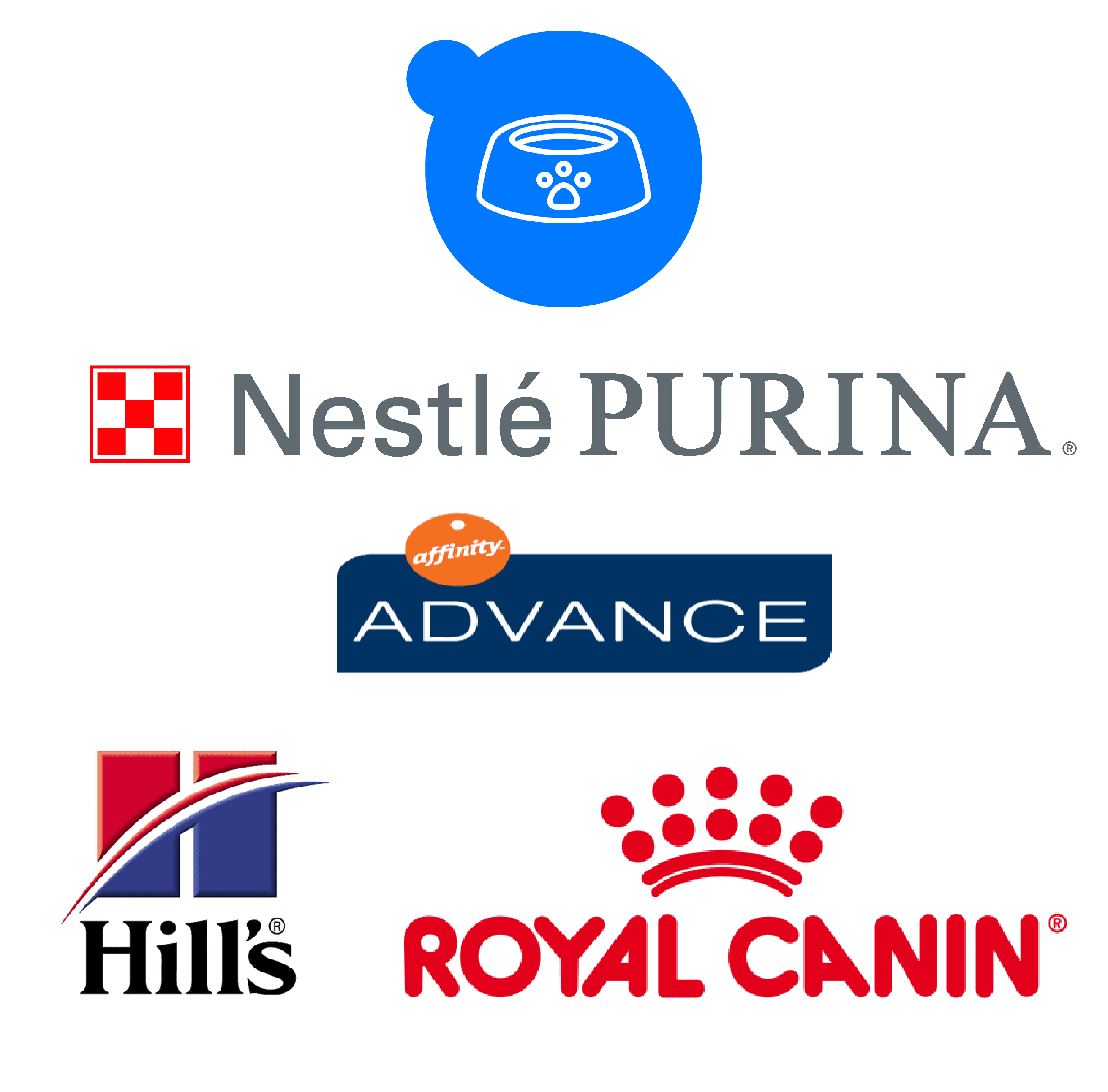 Logos des marques de nutrition animale partenaires : Hill's, Nestlé, Virbac et Royal Canin, avec une icône de gamelle pour animaux en haut