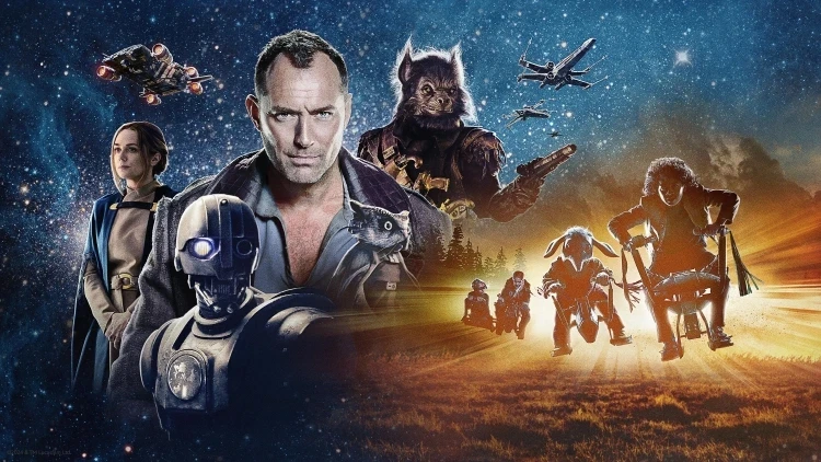 In a vibrant cosmic scene, a group of futuristic characters, including individuals in advanced armour, a humanoid robot, and various alien creatures, is set against a backdrop of a starry sky, showcasing spaceships and an array of planets, suggesting a science fiction adventure theme.