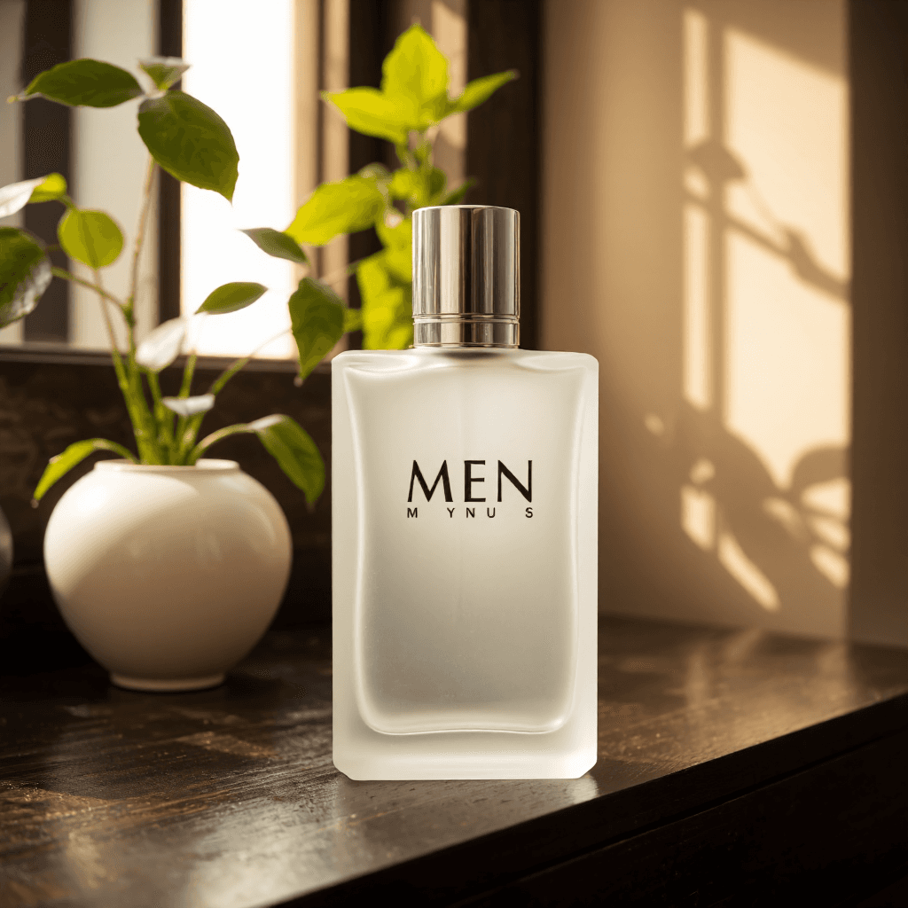product photography of a bottle of men's perfume, designed for fragrance use, with a sleek and modern appearance