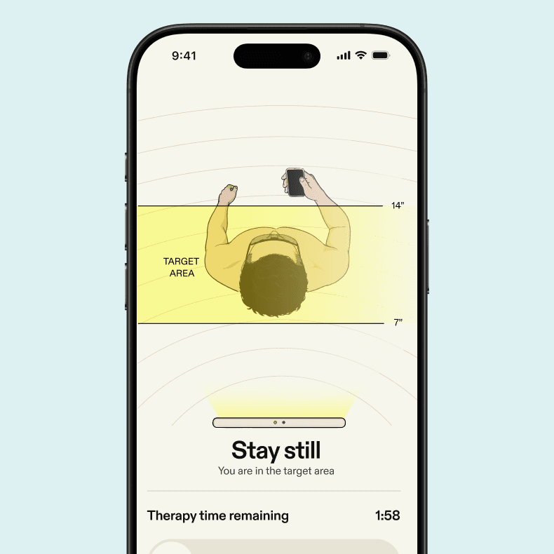Minimal dashboard card showing therapy details with next recommended date, previous session date, personalized dose, and options to schedule, view history, or adjust settings