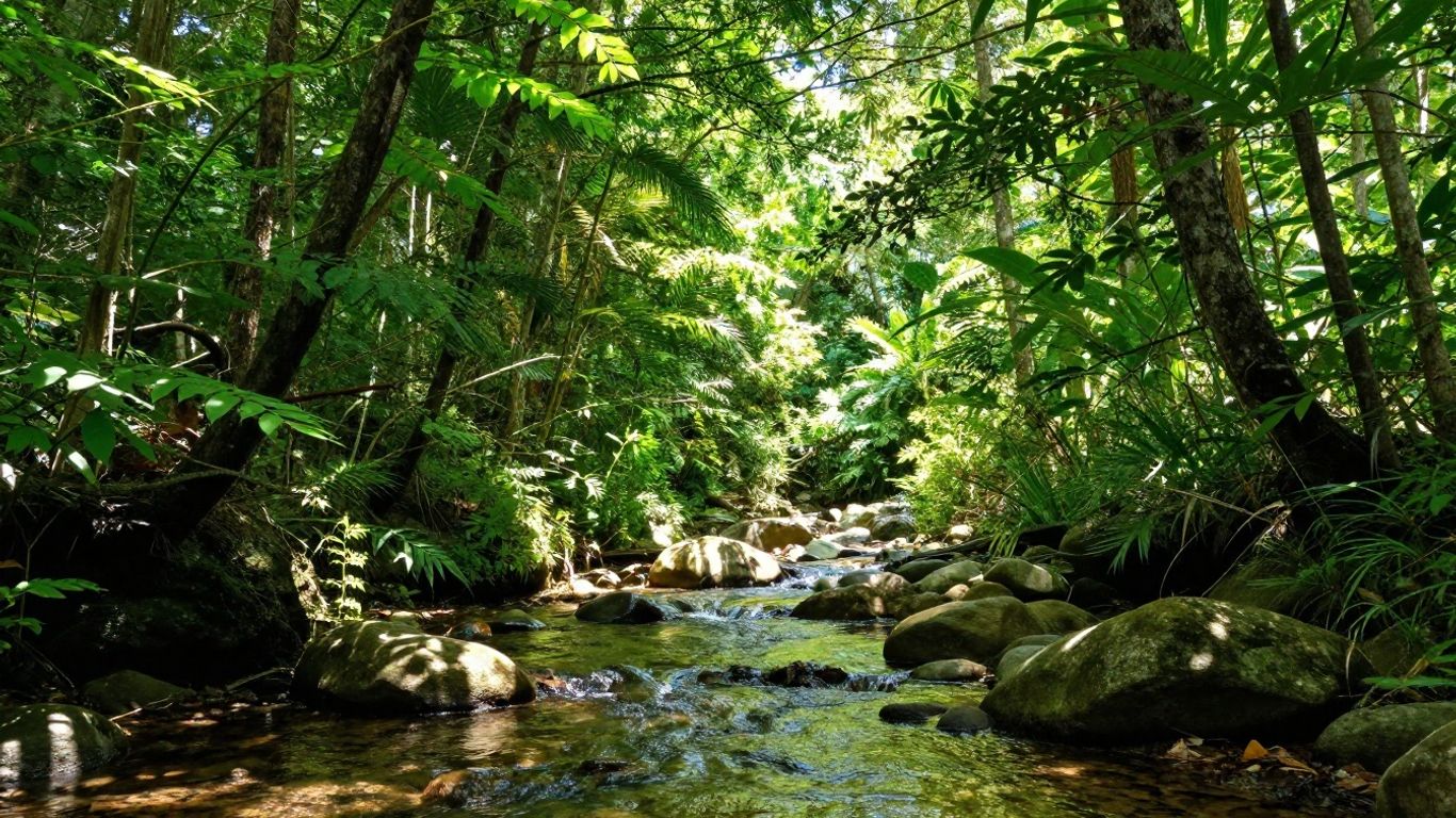 Lush forest canopy with sunlight and a clear stream.