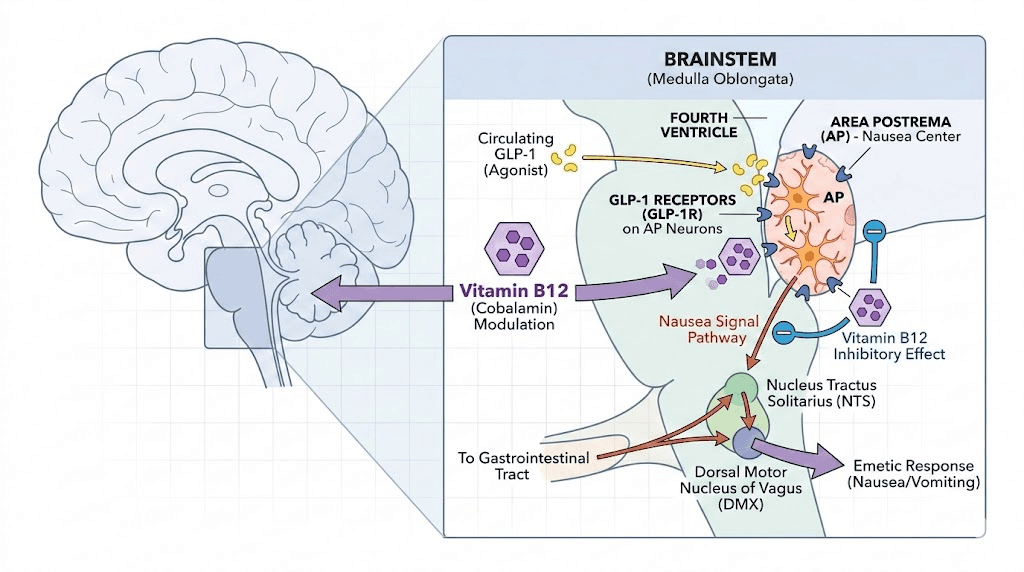 How vitamin B12 reduces semaglutide nausea in the brainstem