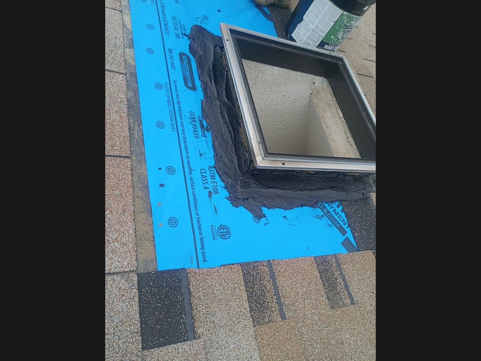 Skylight installation with underlayment exposed in Converse, Texas.