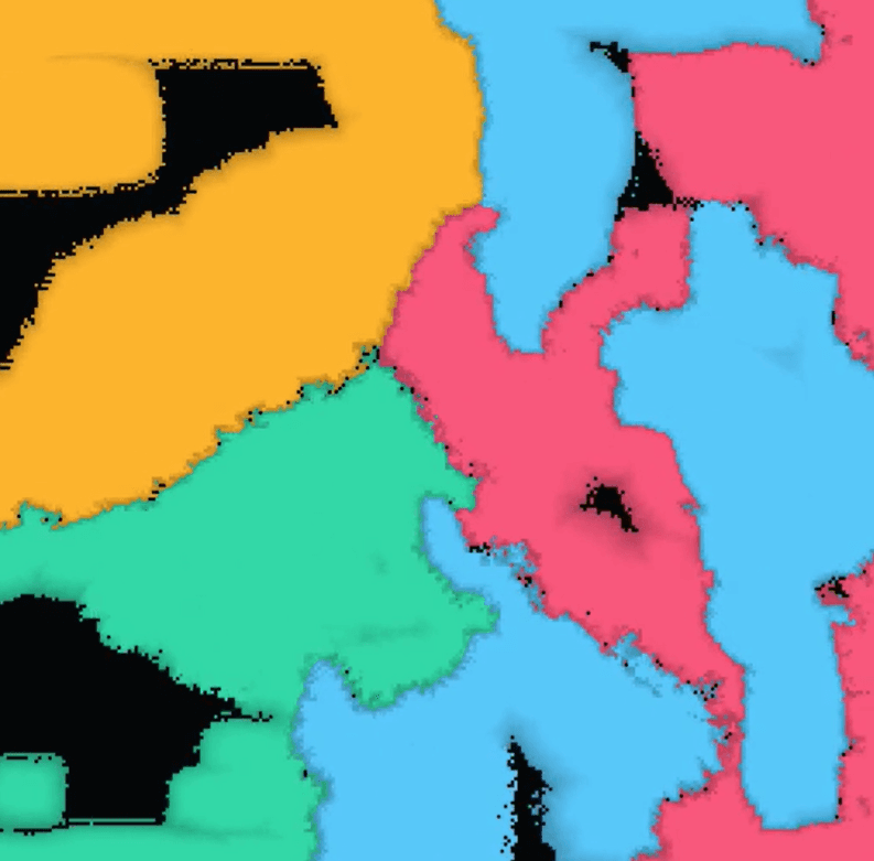 Five neural cellular automata species competing for territory on a shared grid in Sakana AI’s Digital Ecosystems interactive simulator, demonstrating emergent complexity from local rules