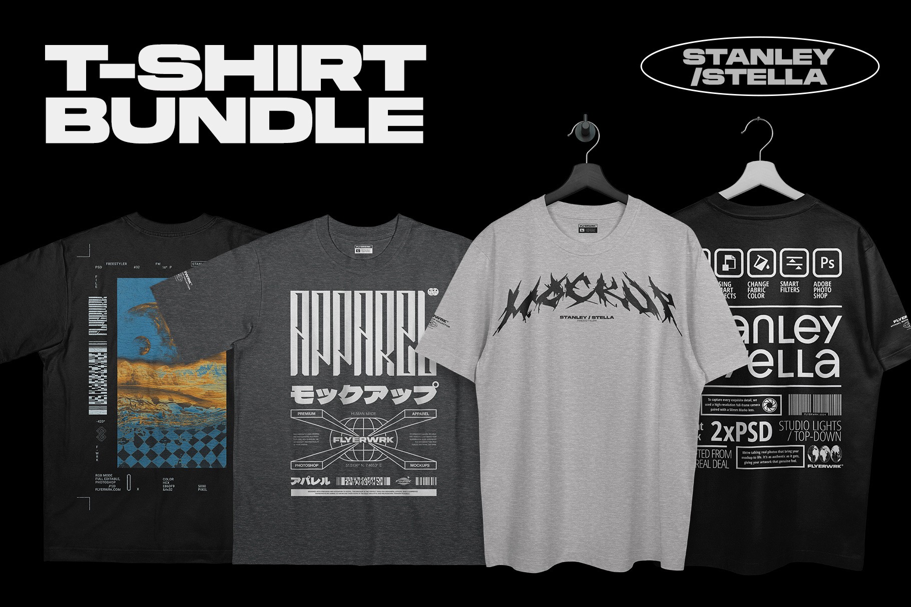 Stanley Stella Freestyler T-Shirt Mockup bundle preview showing multiple apparel design examples