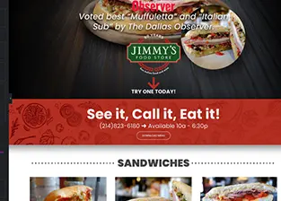 Jimmy’s Food Store website page promoting sandwiches, prepared foods, and online ordering.