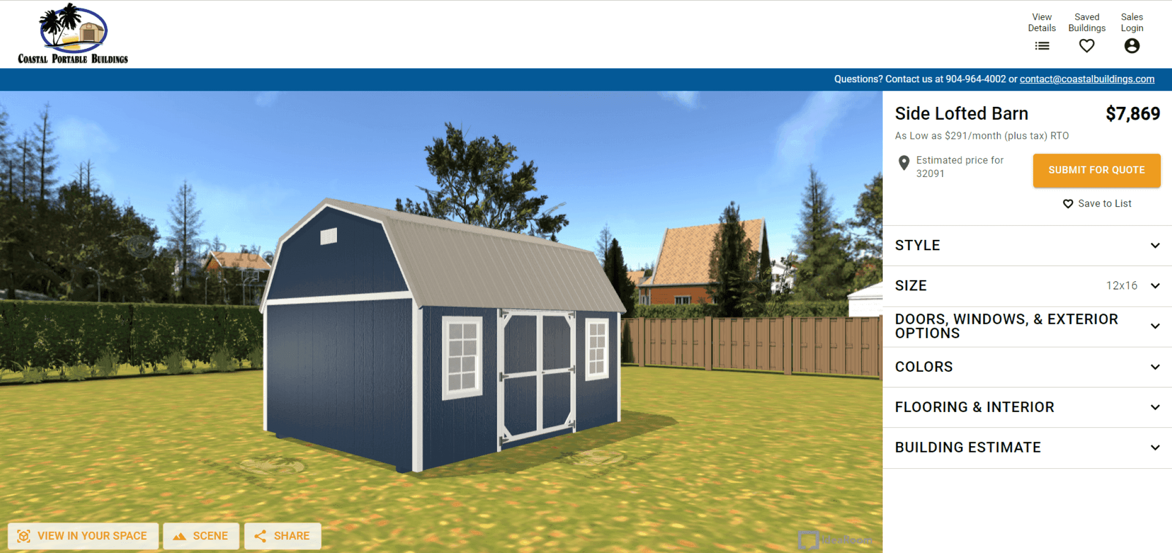 IdeaRoom 3D shed configurator showcasing customizable barn with options for size, materials, and pricing