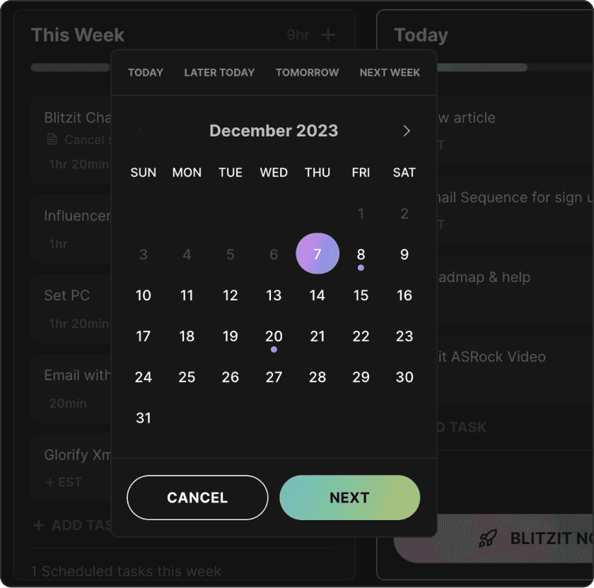 date picker for scheduled tasks in Blitzit