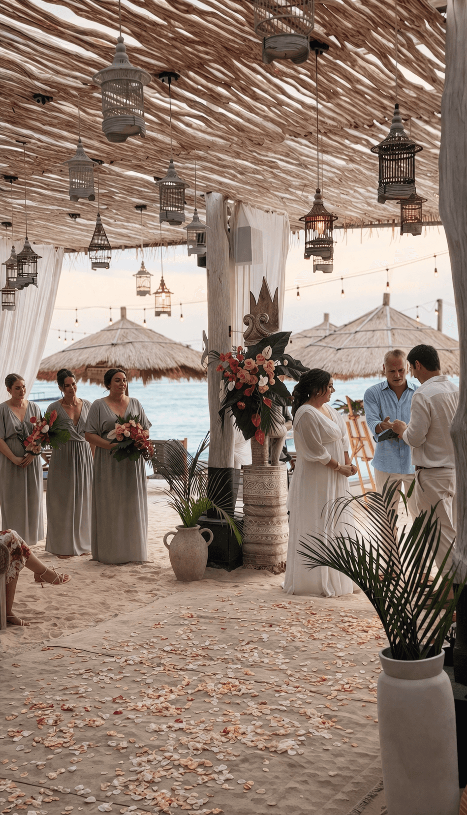 The wedding backdrop is the open sea, shimmering under late afternoon light