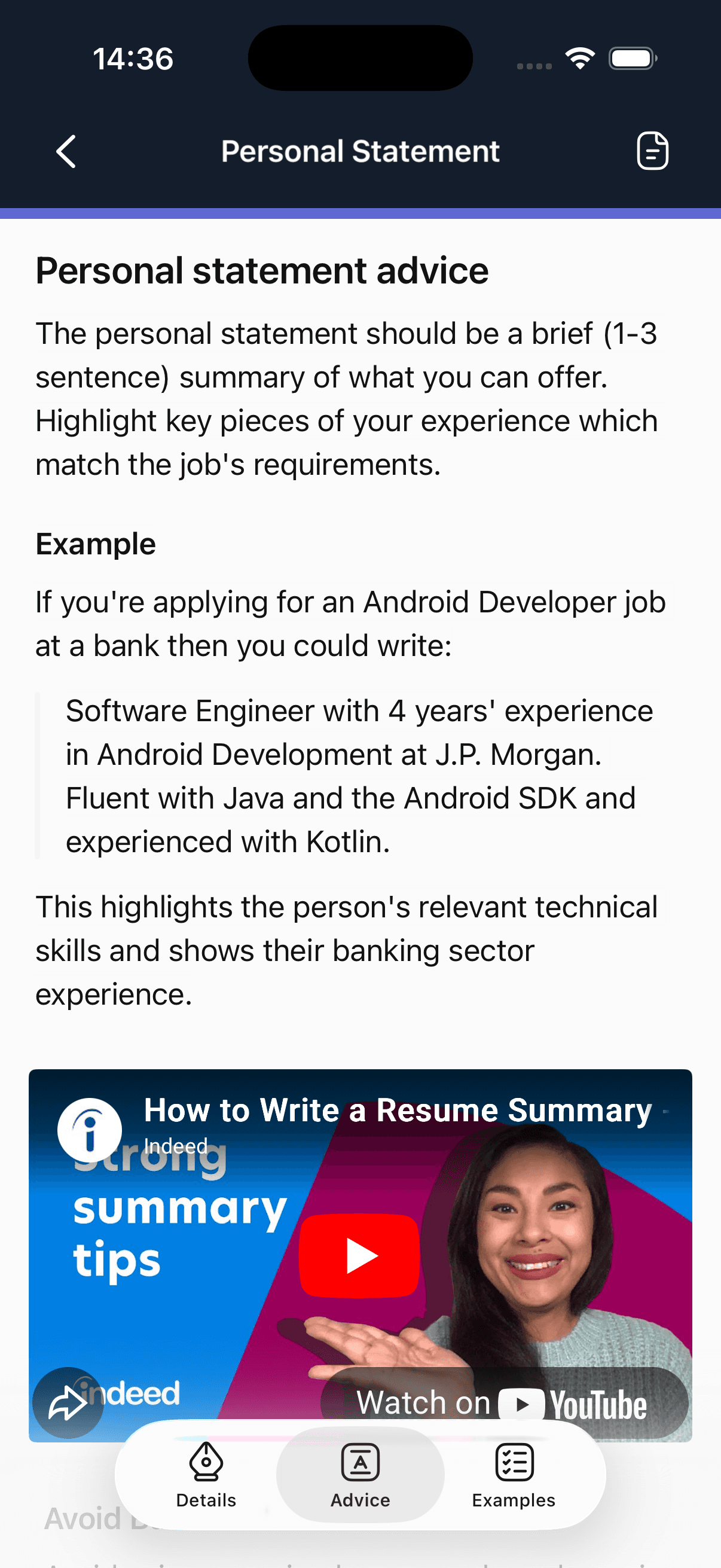 The Personal Statement advice screen of the CV Engineer mobile app