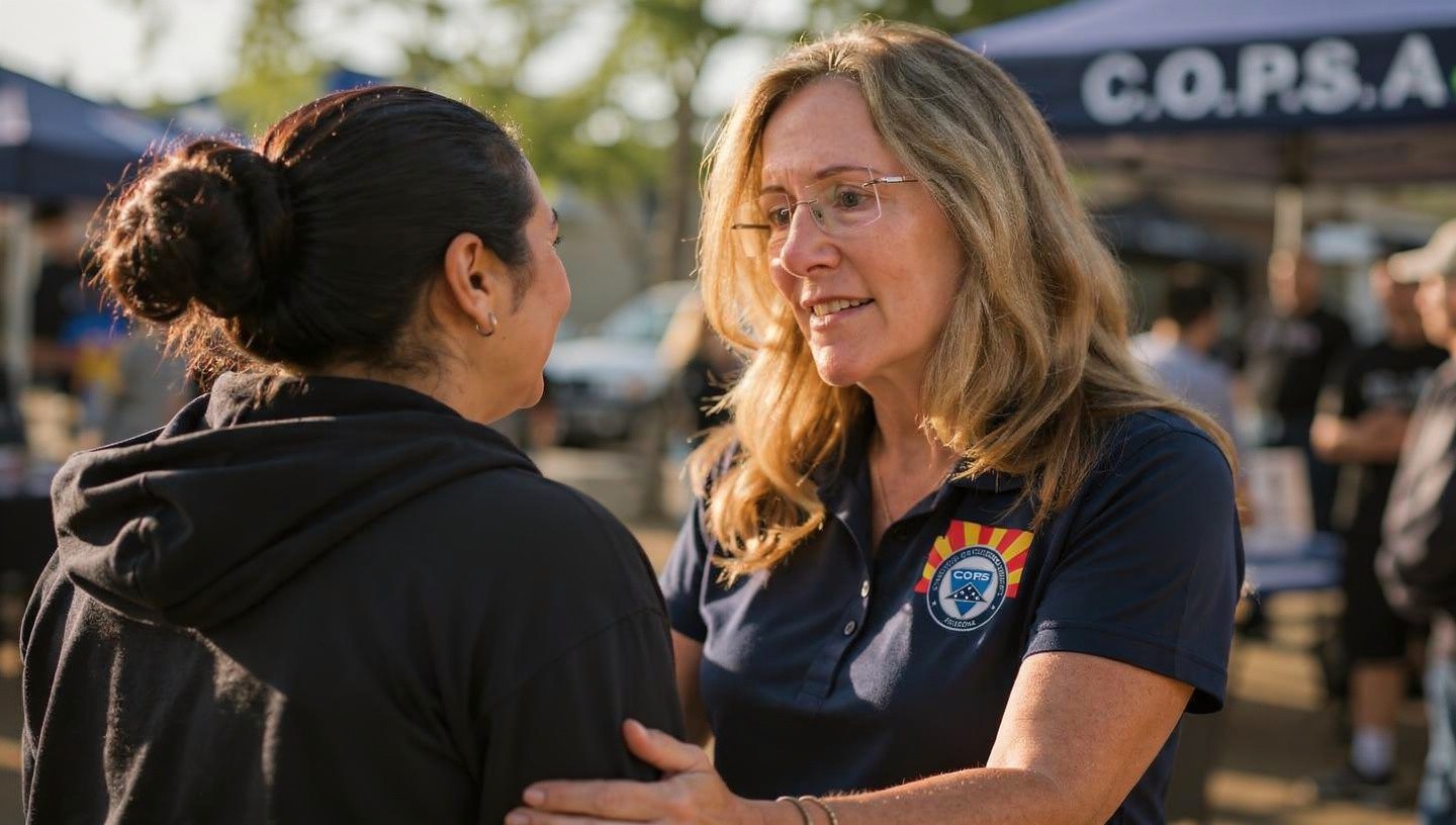 COPS AZ chapter president helping survivor at cops event