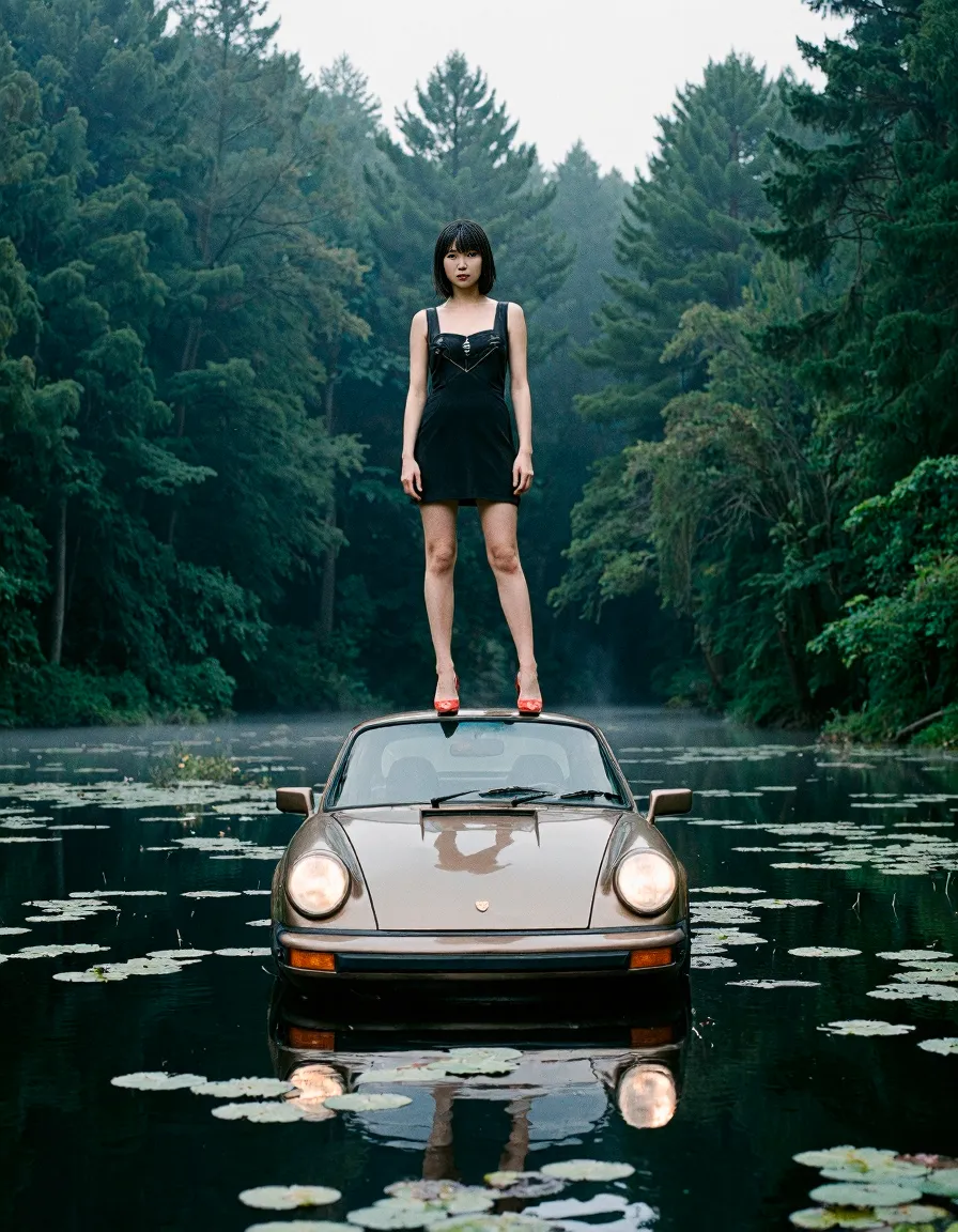Surreal fashion editorial showing a vintage Porsche floating on forest lake with lily pads, surrounded by misty evergreen trees