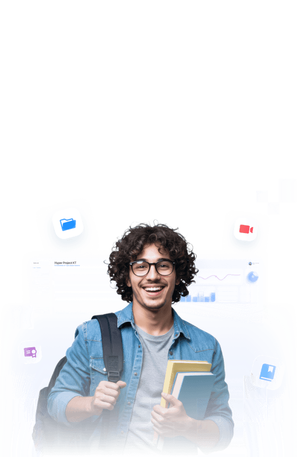 Hero Image - A smiling person with curly hair stands in front of abstract graphics and floating elements.