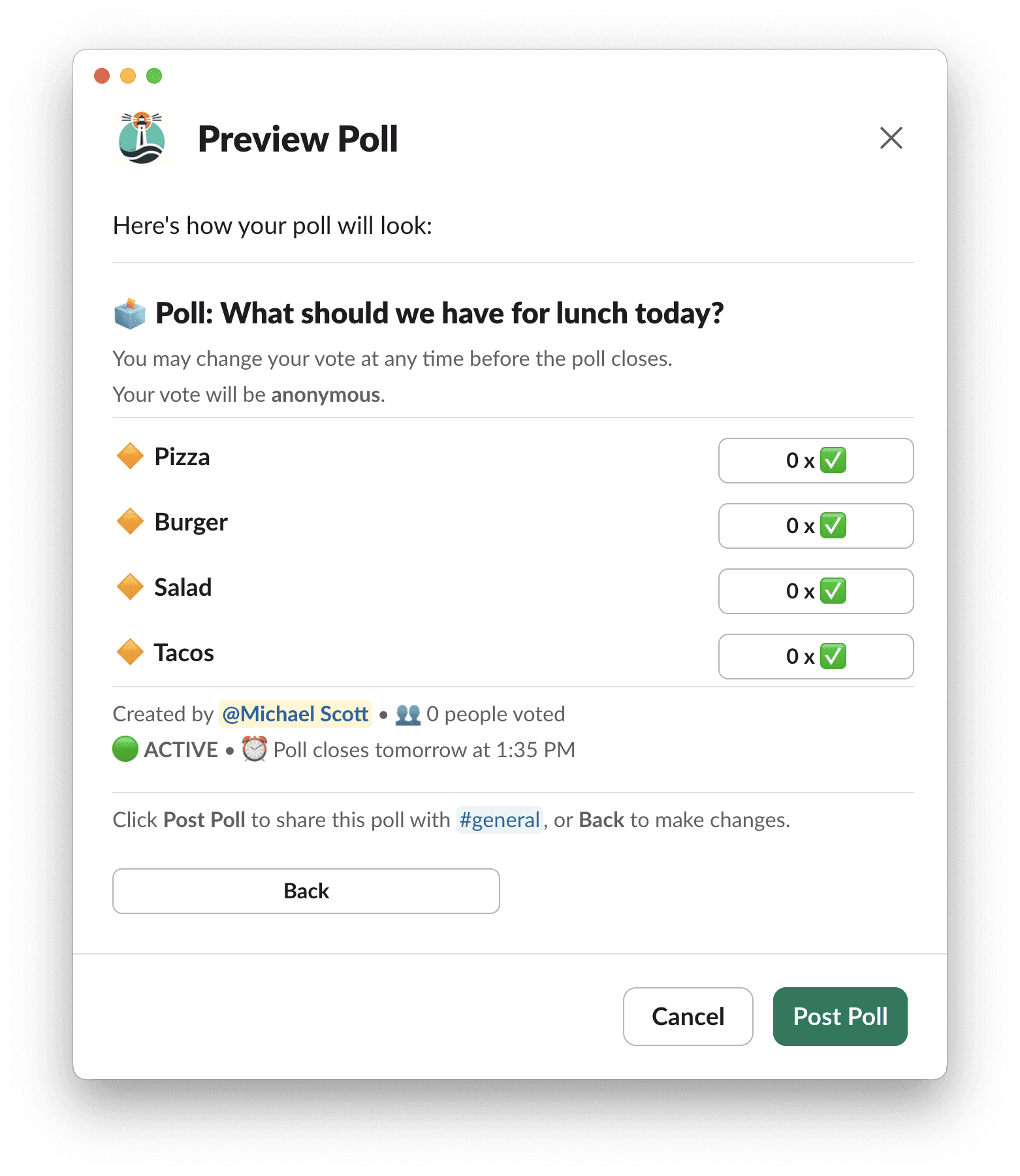 Slack app window for Poll preview, showing anonymous lunch options: pizza, burger, salad, tacos. Option to post or cancel