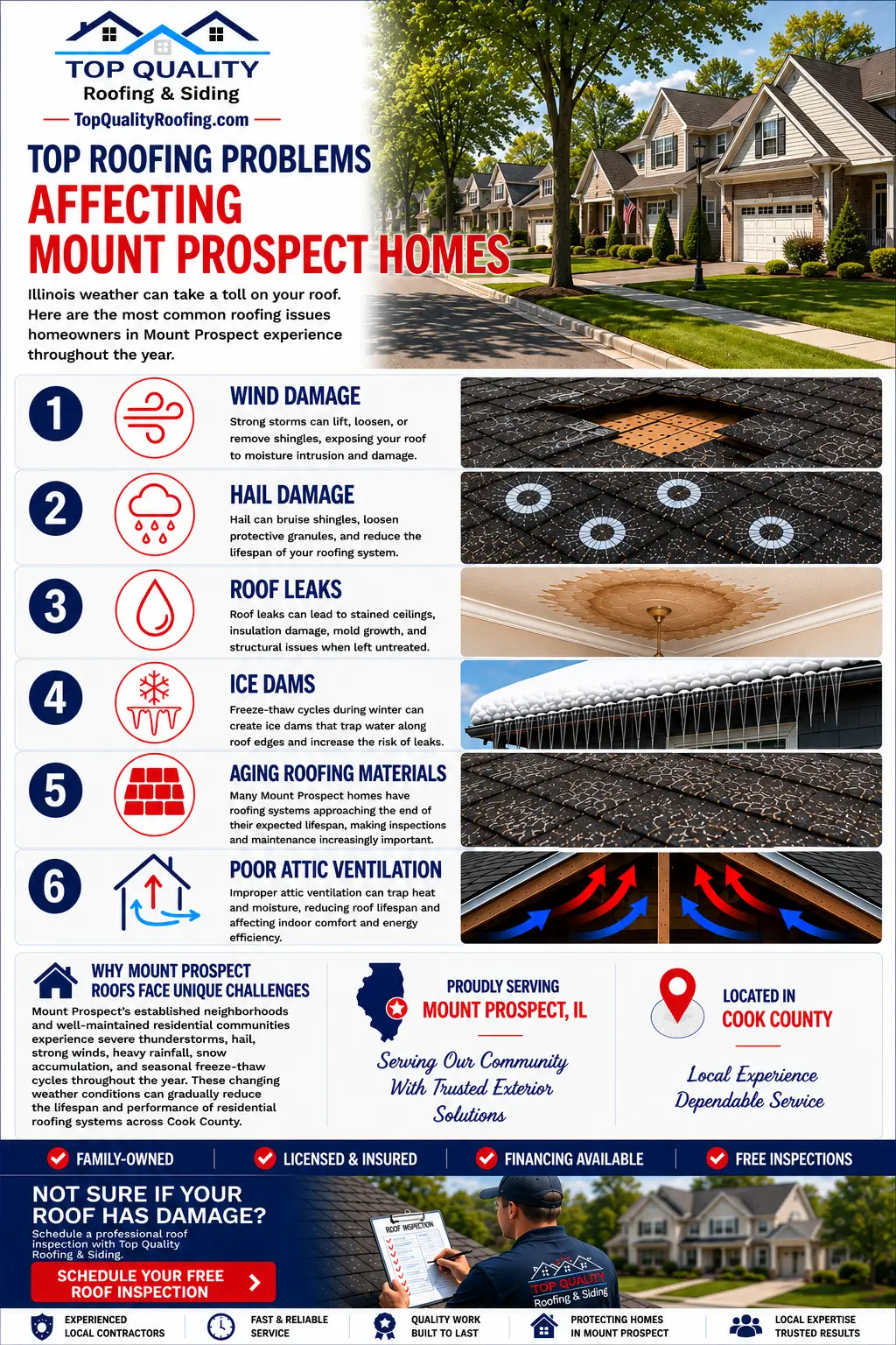 Infographic showing common roofing problems affecting Warrenville homes including wind damage hail damage roof leaks ice dams aging roofing materials and poor attic ventilation